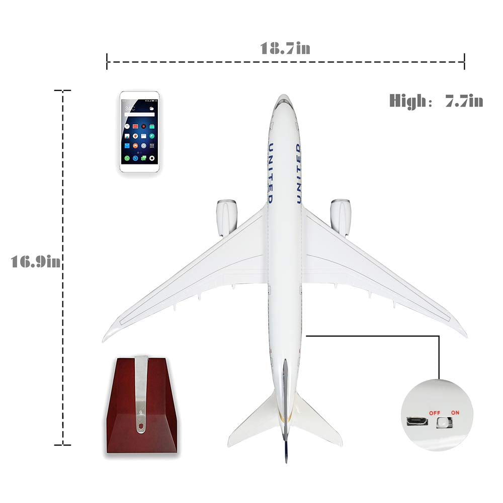 24-Hours 18” 1:130 Model Jet Airplane American Plane United Airlines B787 Model Plane Diecast Airplane for Adults with LED Light(Touch or Sound Control) for Decoration or Display