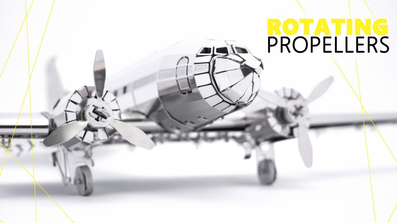 METAL-TIME REMARKABLE DOUGLAS, Douglas DC-3 Model, 3D Metal Airplane Model Mechanical Building Kit, Unique Wind-Up Moving Mechanism, Stainless Steel DIY Construction with Toolbox - 146 Pieces.