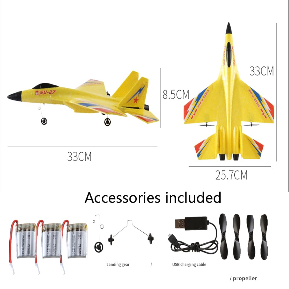 Yellow SU-27 RC Fighter Jet, Remote Control Airplane with Stunt Flight, Anti-Crash Foam Aircraft Model for 14+ Ages Teens and Adults, 2.4GHz Remote Control, 3 Batteries for Extended Flight Time