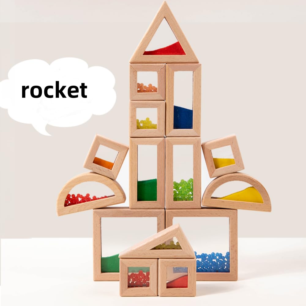 Lexza Rainbow Sensory Toys Blocks,15 Pcs Large Wooden Building Blocks for Toddlers Baby Kids,Colorful Geometric Stacking Toys, Preschool Educational Toy Set