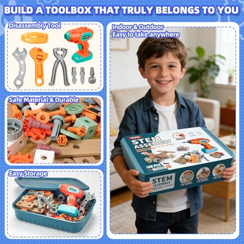Kids Tool Set with Drill, 148Pcs Toddler Tool Set with Toolbox,STEM Montessori Toys for 3 -5Year Old, Educational Construction Toy, Pretend Play Toys for 3 4 5 6 Year Old Boys, Birthday Gift for Kids