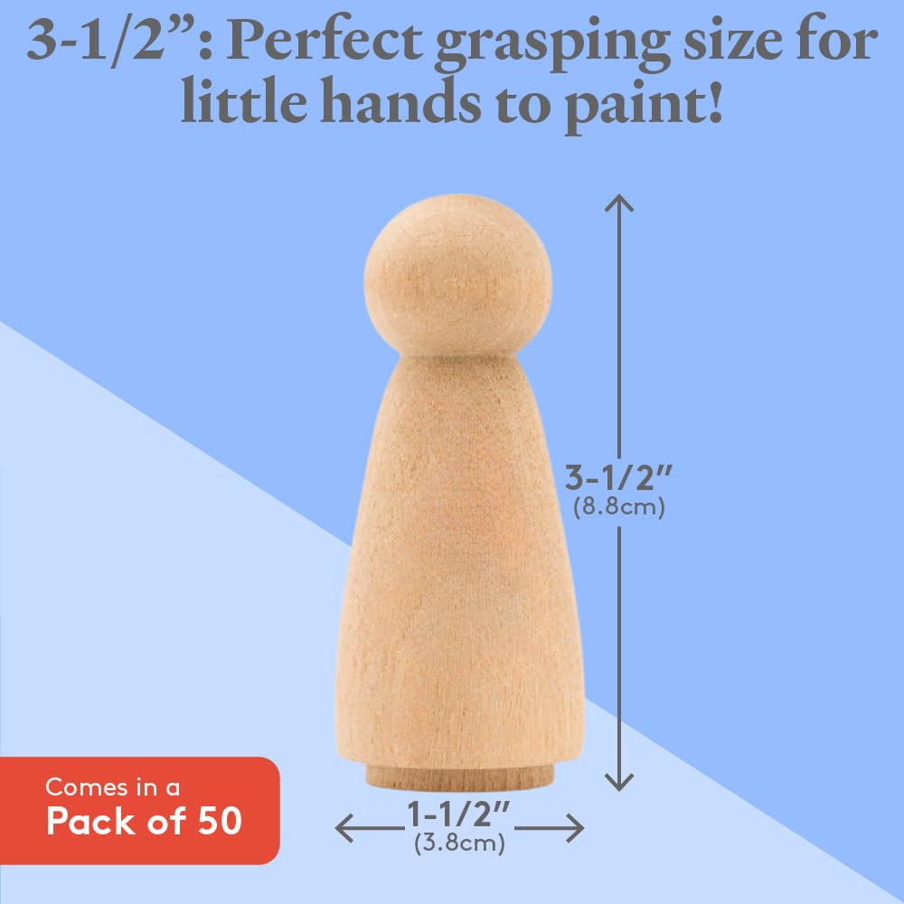 Wood Peg Dolls, 3.5 Inch Large Mom/Angel Shape Wooden Peg People, Pack of 50 Wooden Dolls for Play, Strong Birch Wooden People Figures, Peg Dolls Unfinished, Wooden Pegs for Crafts