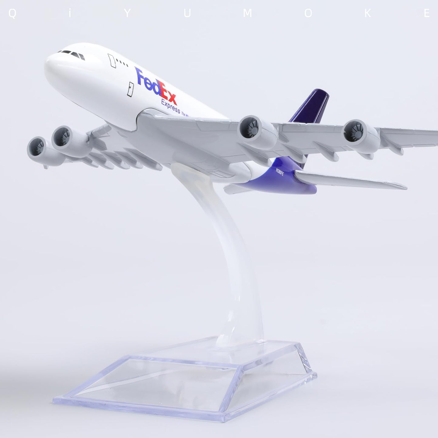 QIYUMOKE 1/400 Diecast Metal Airplane Model Compatible for Airbus A380 FedEx 15cm, Mini A380 Model Plane with Stand, Aircraft Collectible for Aviation Enthusiasts, Desktop Decor Gift for Adult