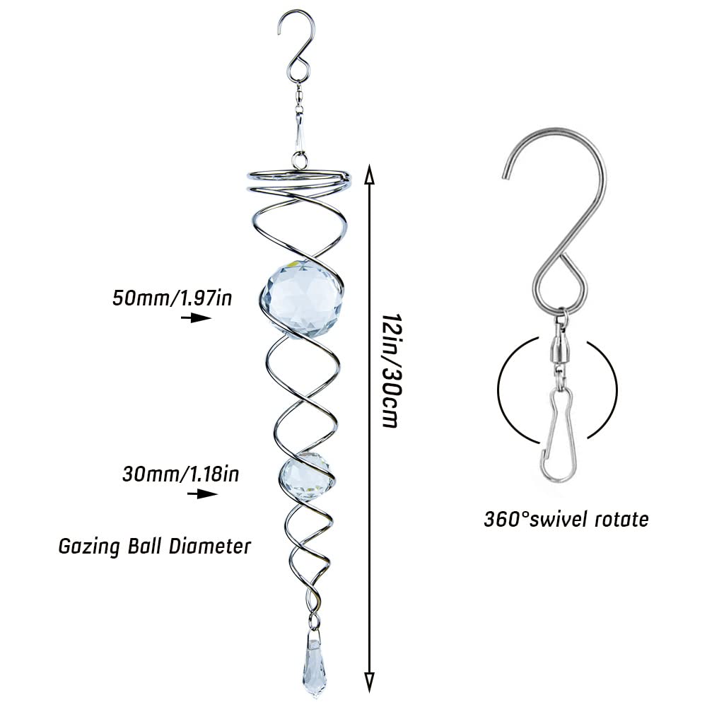 12 inch Gazing Ball Spiral Tail, Prefdo Stainless Steel Wind Spinner Stabilizer with 2 Glass Balls Prism and Hanging Swivel Hook for Outdoor Yard Garden Decoration(Clear)
