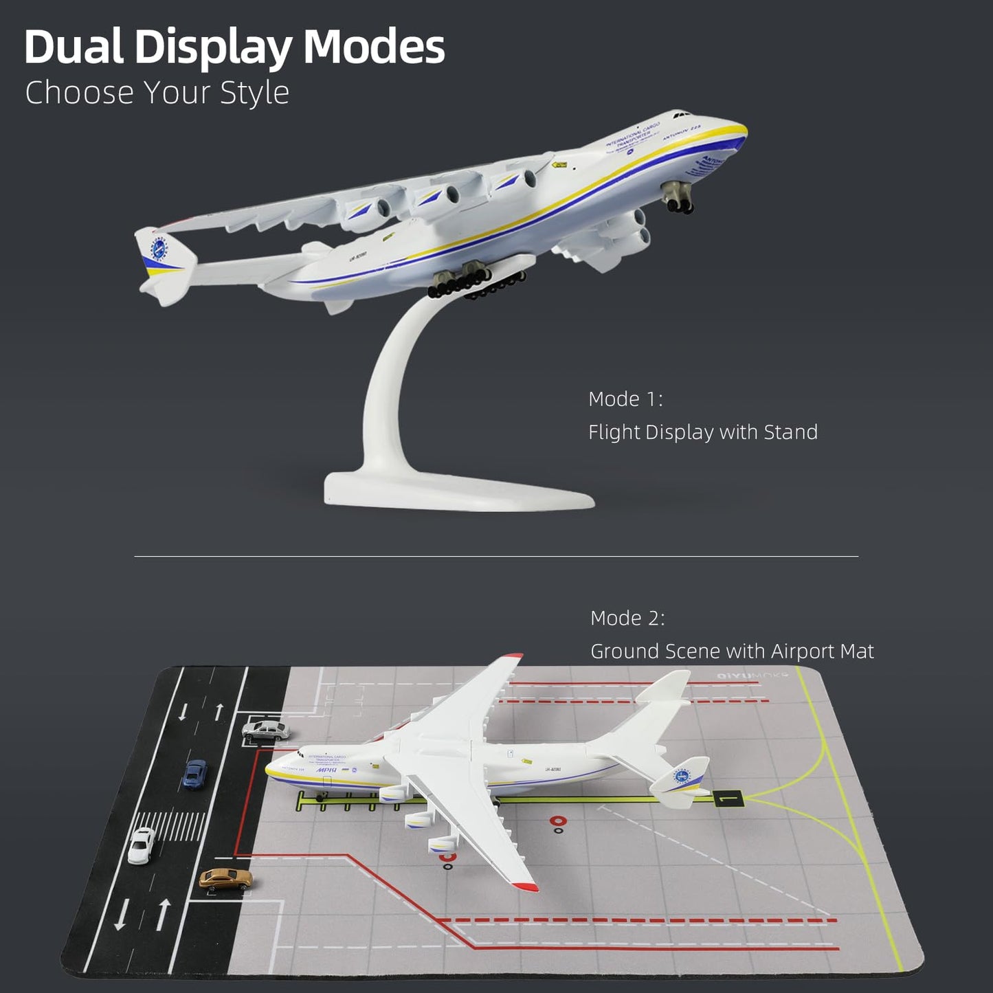 QIYUMOKE 1/400 AN-225 Airplane Model with Rubber Airport Mat and 5 Mini Car, Diecast Metal Antonov 225 Mriya Airplane Model Kits for Adult Decoration Military Aircraft or Gift (Mat: 25×35 cm)