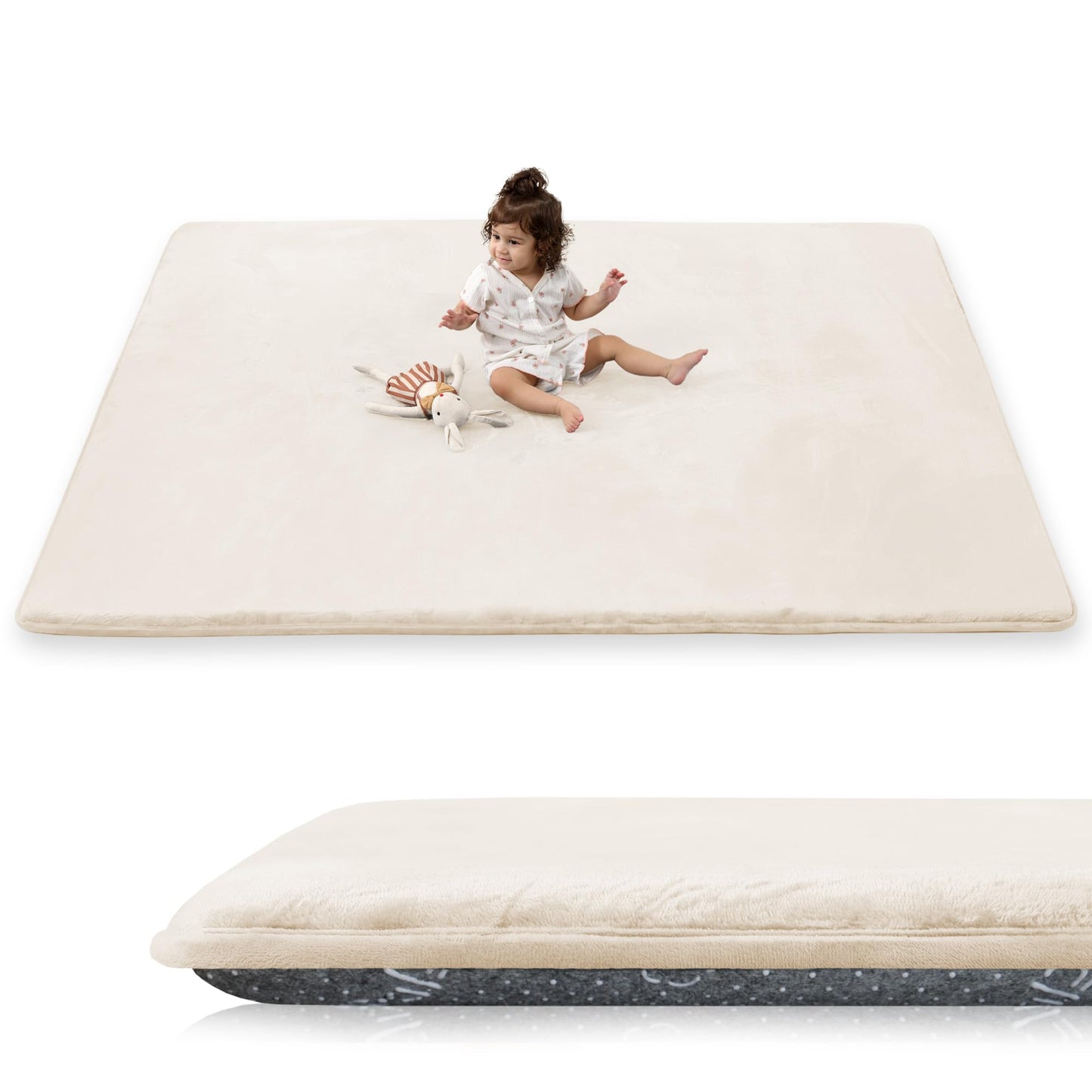 PAPAMAT 1.5" Thick Baby Play Mat for Floor, 59x79 Playpen Mat, Pro Soft Flannel Foam Mats Toddler Infant Kids Crawling for Nursery Rug Playroom Living Room Waterproof Easy Care Non-Slip (Beige)