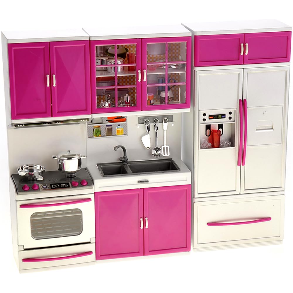 PowerTRC Doll Kitchen Play Set, Mini Modern Toy Kitchen Pretend Play Furnitures Toy Set Accessories Set with Realistic Light & Sound for Kids Toddlers Girls (3-in-1)