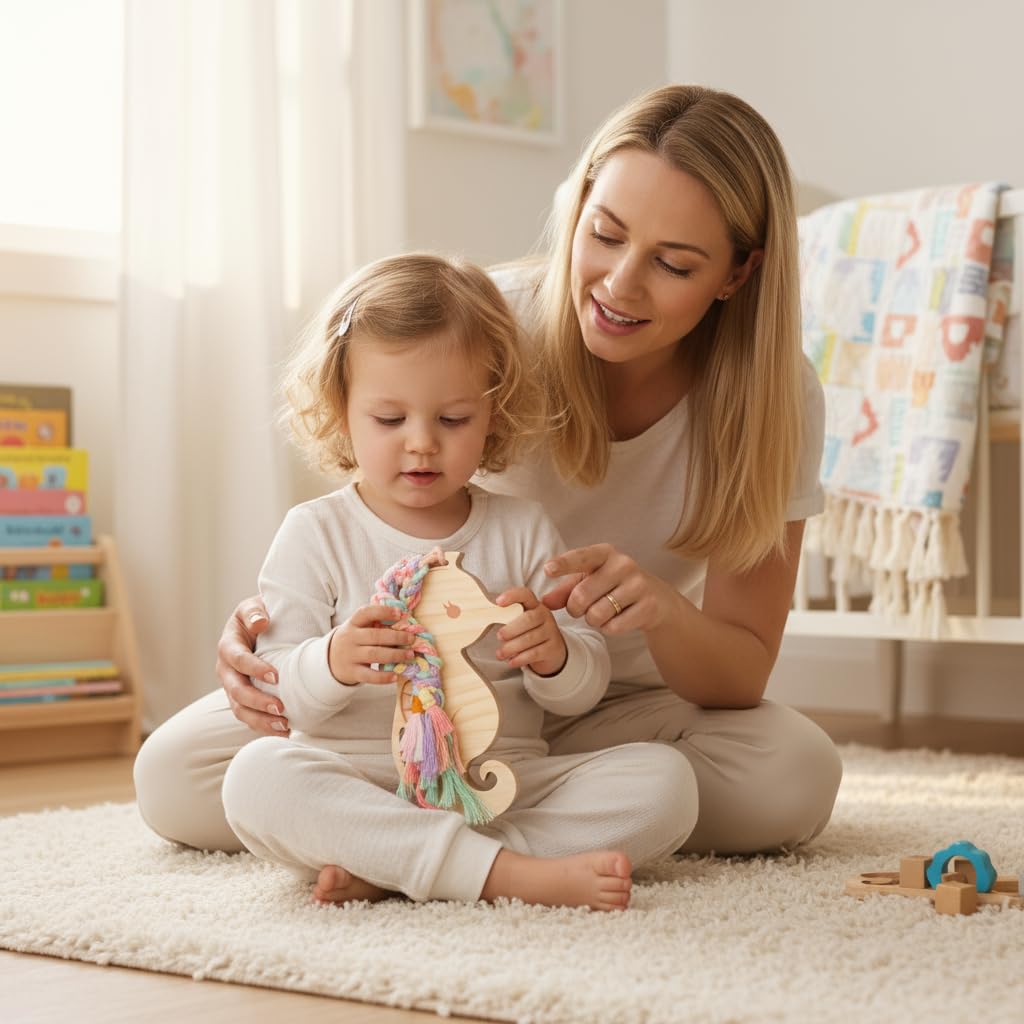 Eray Wooden Lacing Toys for Kids DIY Toy Plane Activities Car Travel Toy Montessori Educational Learning Threading Toys for Fine Motor Skills (Rainbow Seahorse)