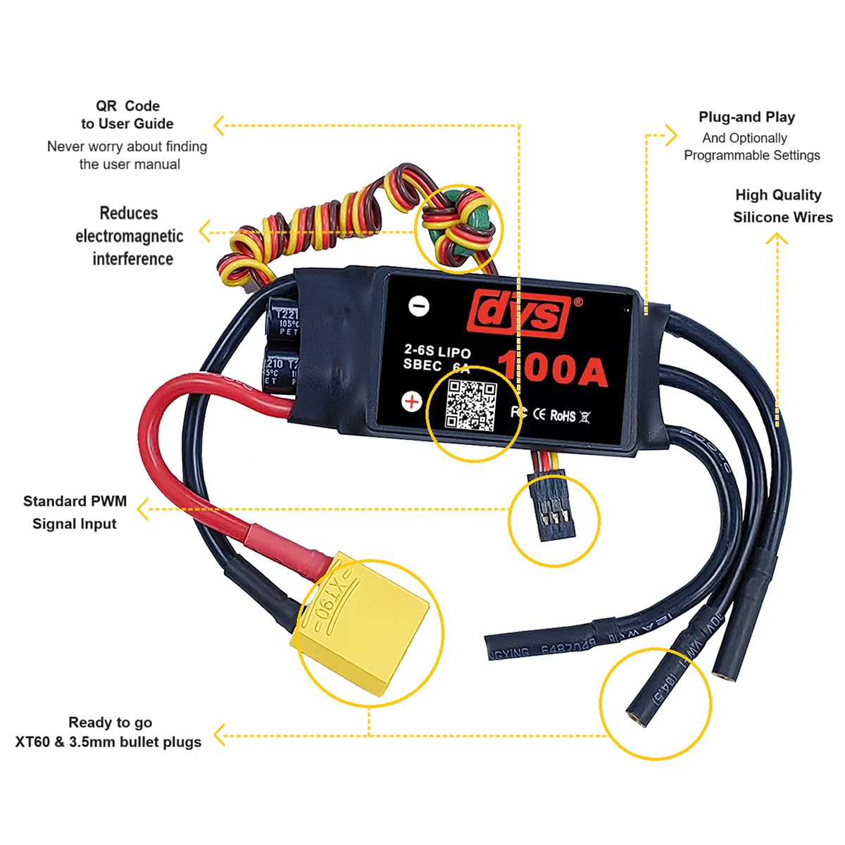 DYS 100A 2-6S Brushless ESC with 5V/6A SBEC with XT90 & 4.0mm Plug for RC Fixed-Wing Aircraft Helicopter
