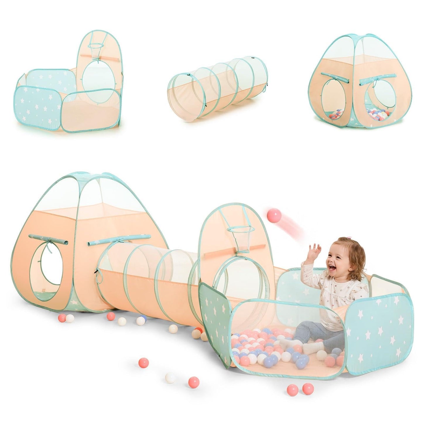 PigPigPen Play Tent for Kids: 3-in-1 Ball Pit with Crawl Tunnel and Princess Tent, Portable Playhouse for Toddlers Boys Girls, Indoor Outdoor Toys Gift Set