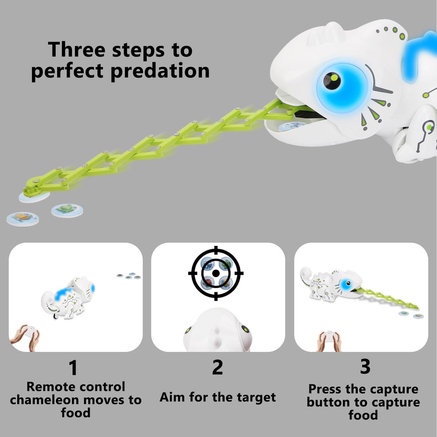 OSQI Interactive Remote Control Chameleon Simulation Toy for Kids - 2.4GHz RC Reptile with 5 Sound Effects, 12 Color Lights, Extending Tongue & Wagging Tail, Children Aged 3-12 Discovery Toys (White)