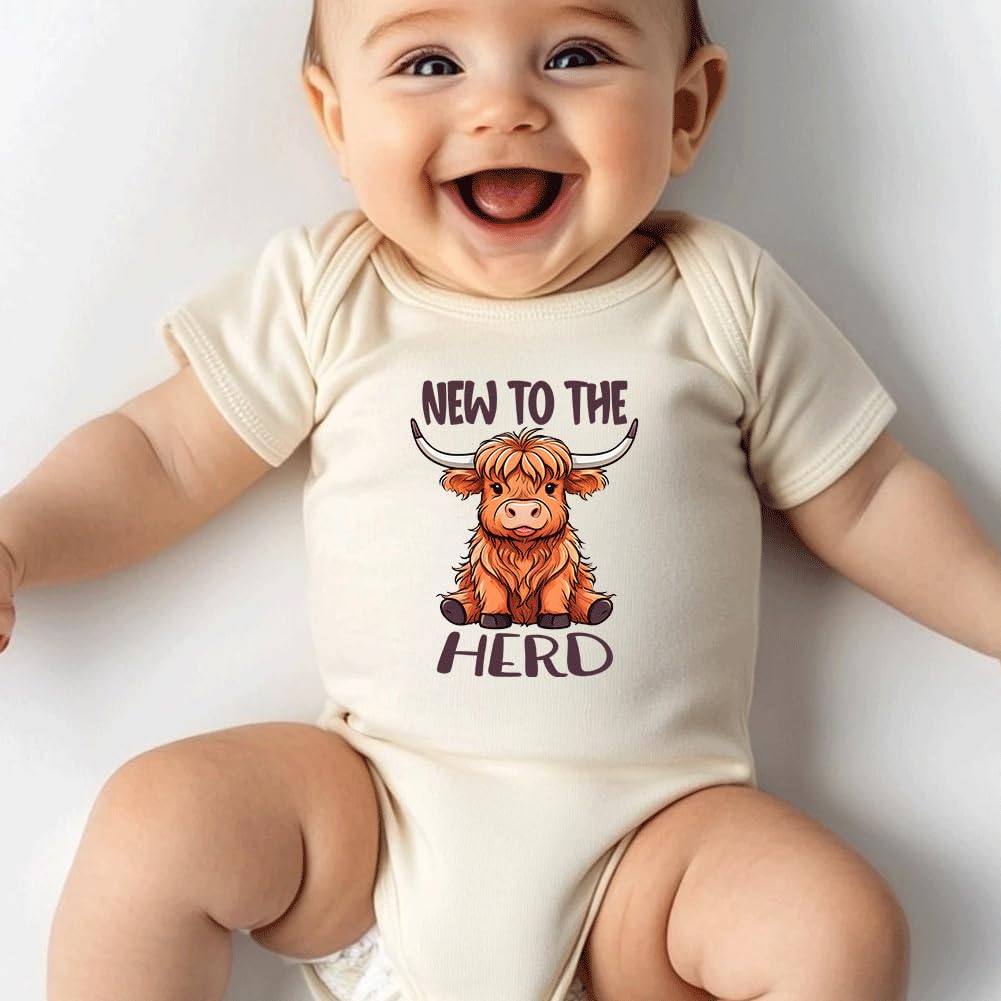 hrcfbk Western Baby Boy Girl Clothes Summer Newborn New to the Herd Cowgirl Short Sleeve Romper Infant Highland Cow Bodysuit (Beige New to the Herd,0-3 Months)