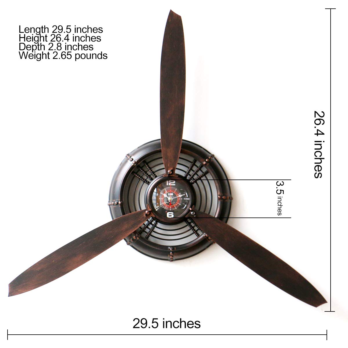 AOROTOE Metal Wall Decor Art Antique Airplane Propeller Aviation Wall Clock for Living Room Bedroom Rustic Wall Sculptures Brown 29.5×26.4 inches