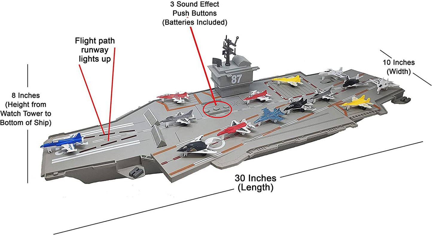 30 Inch Aircraft Carrier Toy with Sound Effects and Light Up Runway (14 Fighter Jets)