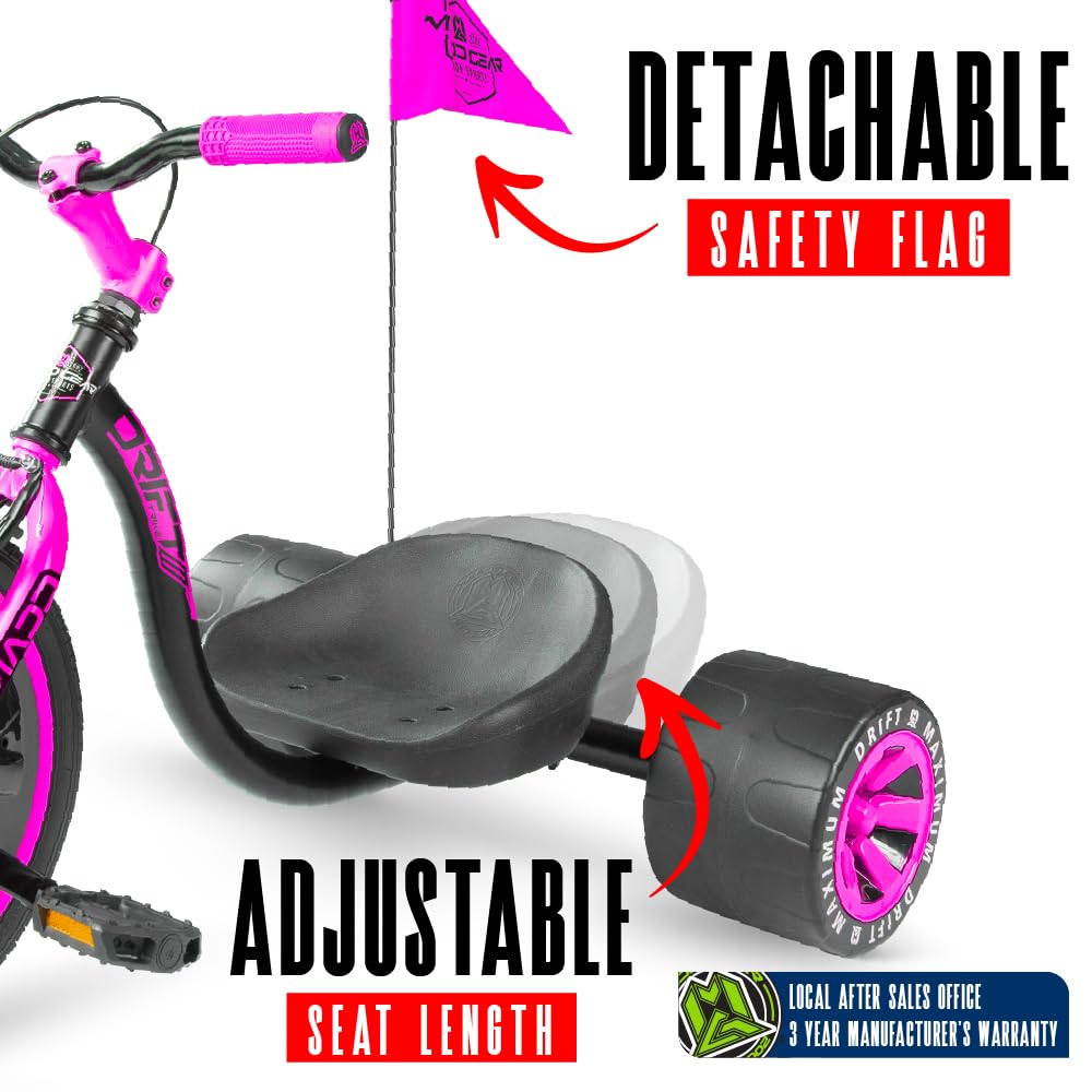 Drift Trike for Kids Ages 5+ – 16" Front Wheel Ride-On with Adjustable Seat, Steel Frame, Rear Slick Drift Wheels & Safety Flag – Madd Gear (Pink/Teal)