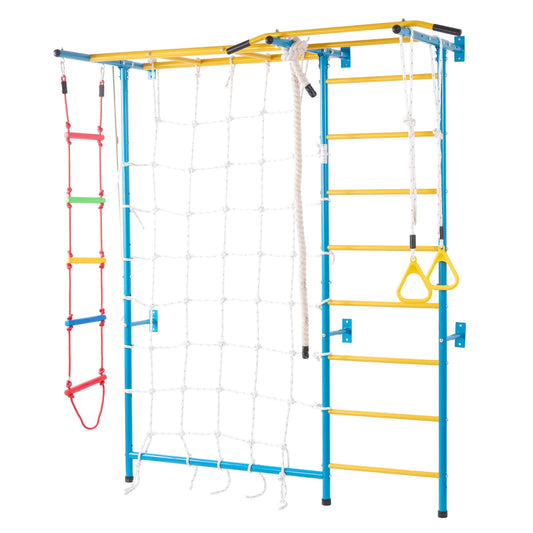VEVOR Indoor Jungle Gym for Toddlers, 7-in-1 Climbing Playset with Carbon Steel Swedish Ladder, Wall Ladder, Pull-Up Bar, Rope Ladder, and Gymnastic Rings, Supports 220 lbs, Multicolor
