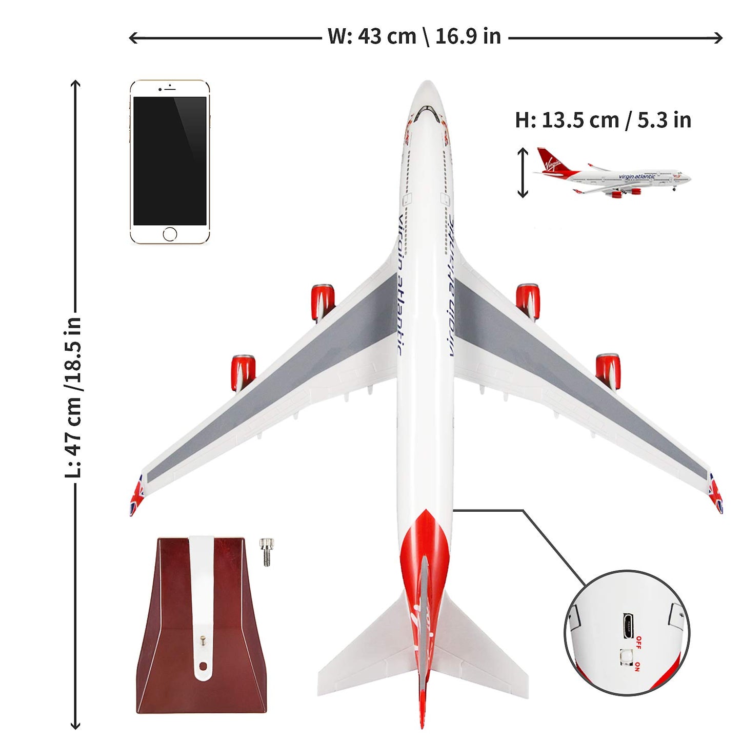 24-Hours 18” 1:130 Scale Model Jet British Airways Virgin B747 Model Planes Kits Display Die-cast Airplane with LED Light(Touch or Sound Control)