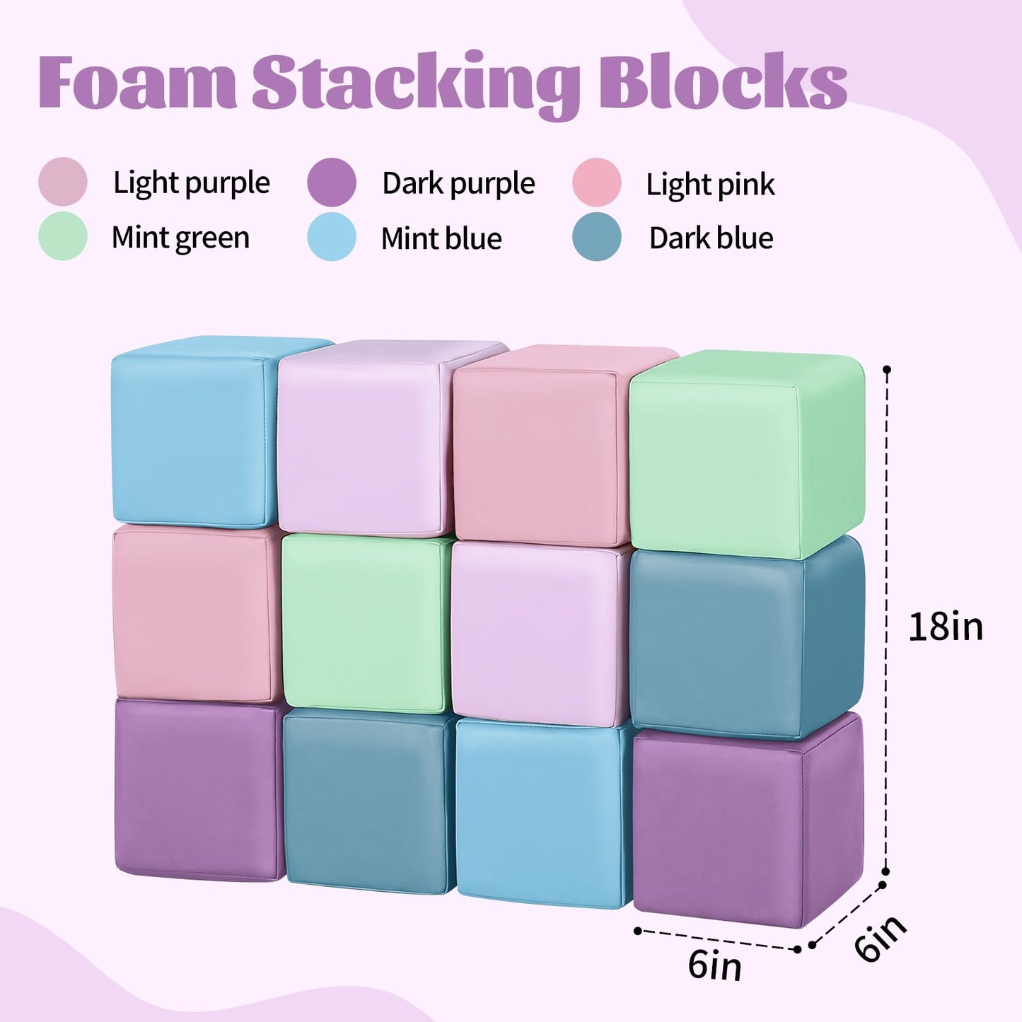 TODIBY Foam Building Blocks for Toddlers：12-Pieces Wipeable Leather Stacking Cubes Kids - Large Soft Toys Play Set for Learning Construction Baby Preschool Daycare Therapy Birthday Gift (Purple Pink)