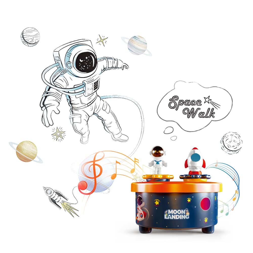 Moon Landing Music Box with Astronaut & Rocket Figures – Wind-Up Musical Space Toy Plays “Fly Me to the Moon” – Spinning Cake Topper Decoration – 4+ Minute Playtime – Birthday Gift for Kids & Adults