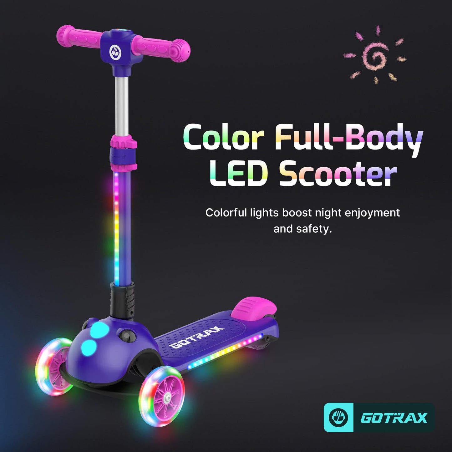 Gotrax SK1 Foldable Electric Scooter for Kids 4+, Full Body LED Light, 90min Riding & 5Mph Speed, Push-Button Throttle&Battery Indicator, 6'' Wheel&3 Adjustable Height, 3 Wheel Escooter, Gift, Purple