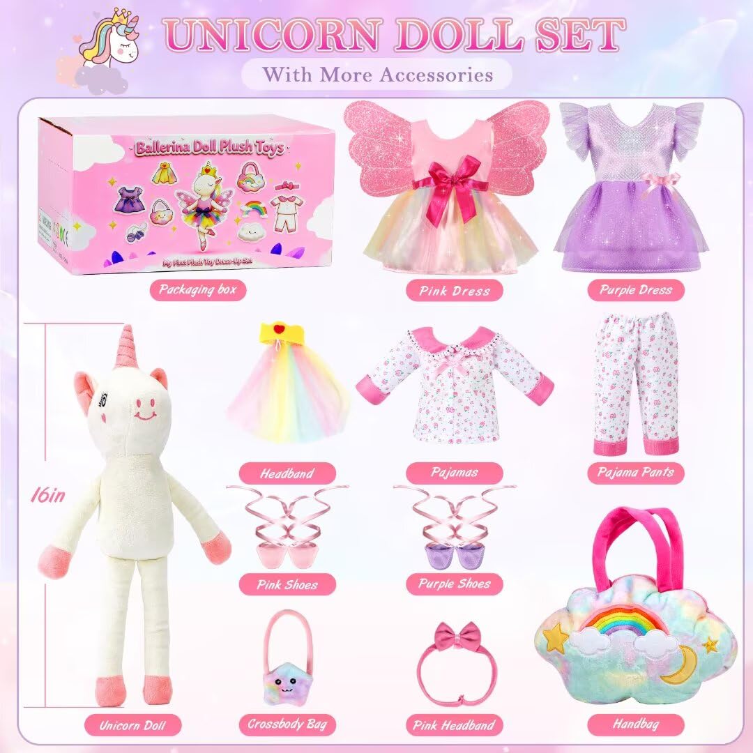 HUITEM Unicorn Toys for Girls Age 4-6, Ballerina Doll Stuffed Animal with 3 Set Clothes, Plush Bag, Accessories, 16 inch Unicorn Doll Toys Birthday Gift for 3 4 5 6 Year Old Little Girls