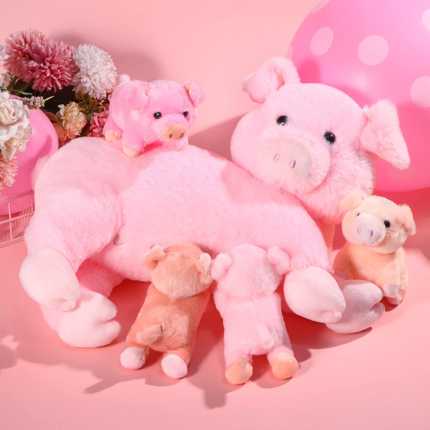 Honoson Nurturing Pig Stuffed Animal with Babies, Cuddly Nursing Mommy Pig Plushy with 4 Stuffed Magnetic Piggy Toys for Kids Boys Girls Birthday Gifts Family Funny Toys Party Decors Farm(Cute)