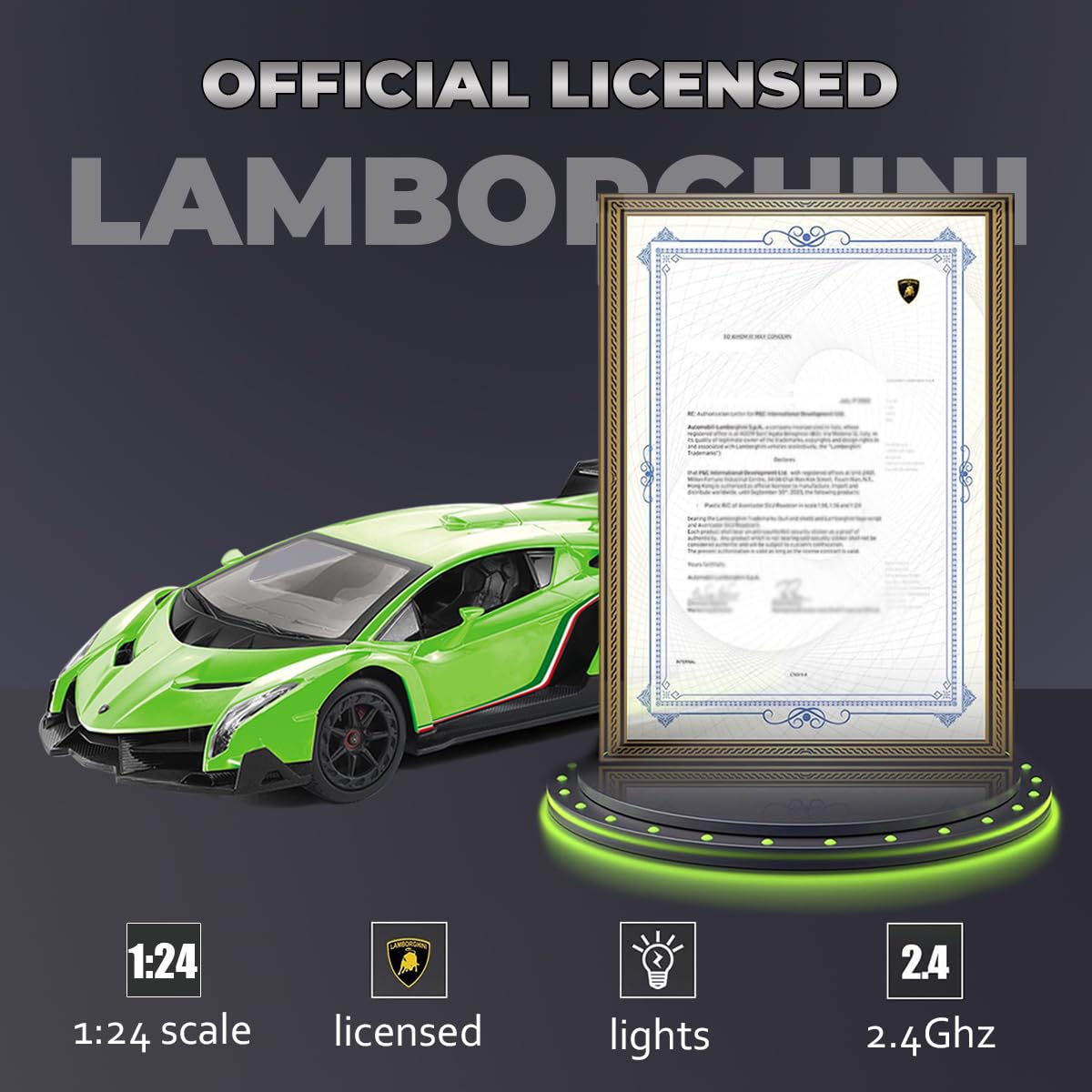 QUN FENG Lamborghini Remote Control Car 1:24 Scale Lambo Toy Car Officially Licensed Rc Cars with Light 2.4Ghz Model Car for Boys 4-7 Girls Birthday Gift, Green