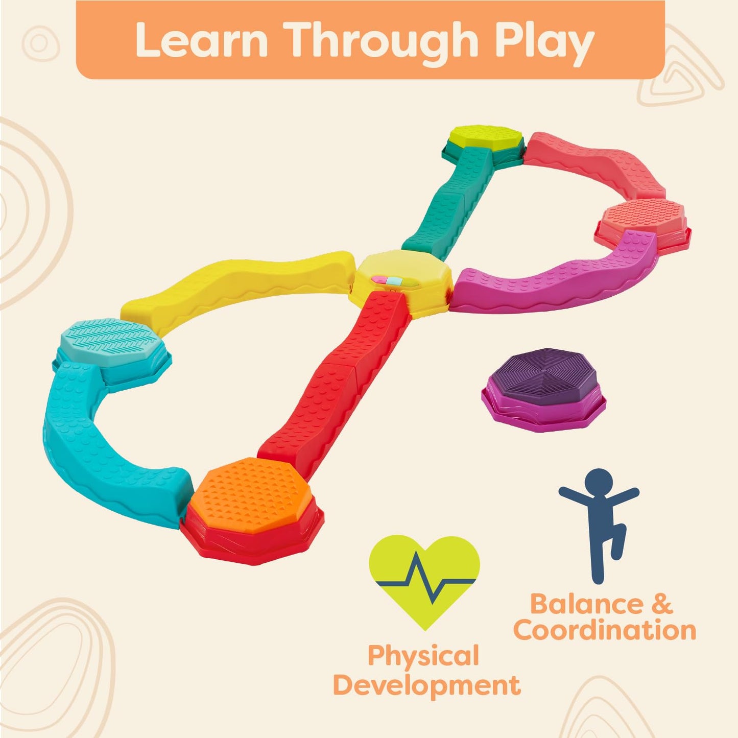 B. toys - Balance & Groove Set - Balance Beam for Kids - Musical Games & Activities - 5 Sensory Stones, 8 Wavy Beams & 1 Musical Pod - Indoor Active Play - 3 Years +