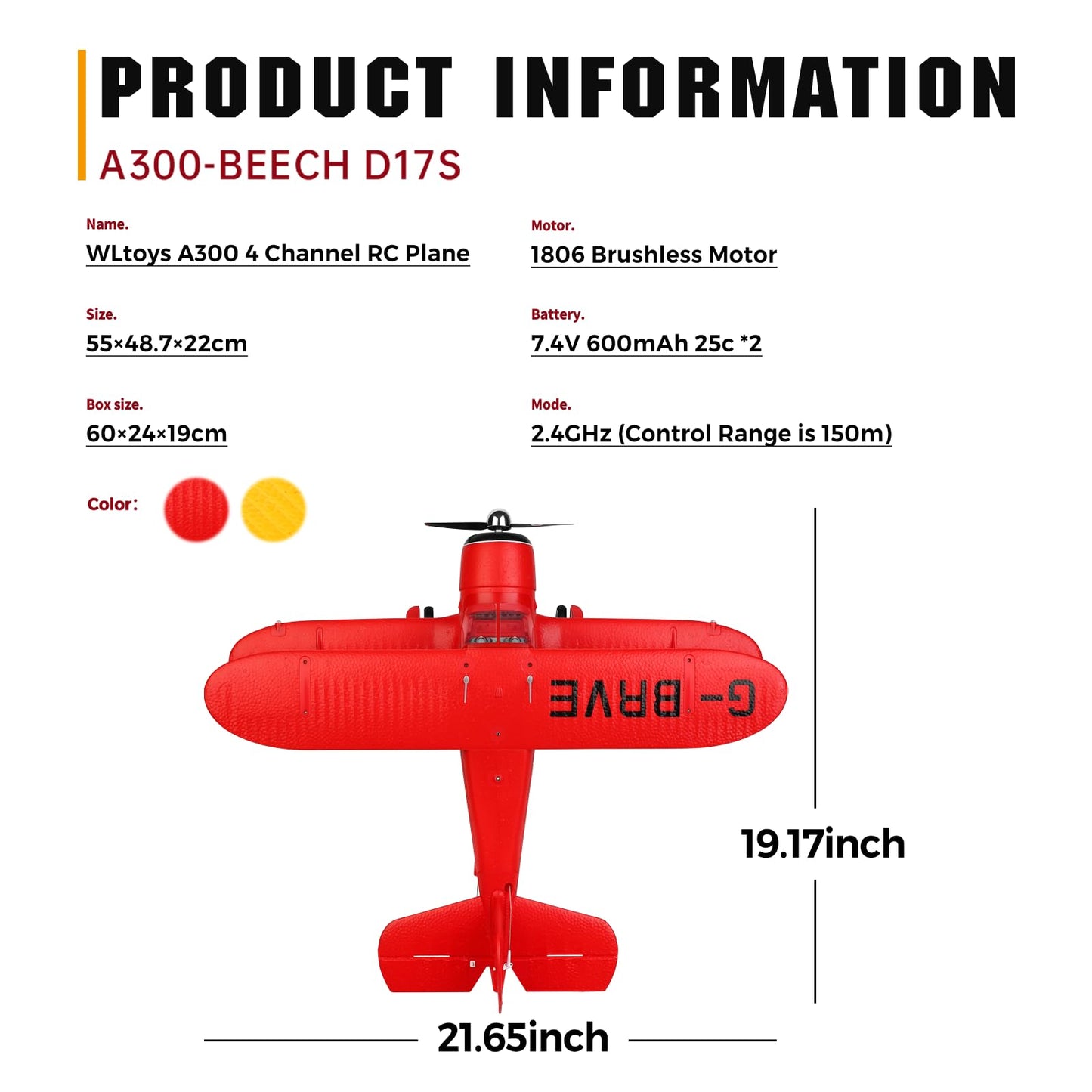 CKYSCHN WLtoys A300 4-Ch RC Plane, Beechcraft D-17 RC Airplanes with Lights, 6G/3D Brushless RC Planes with 2 Batteries, 2.4G Remote Control RC Airplanes Gifts for Adults