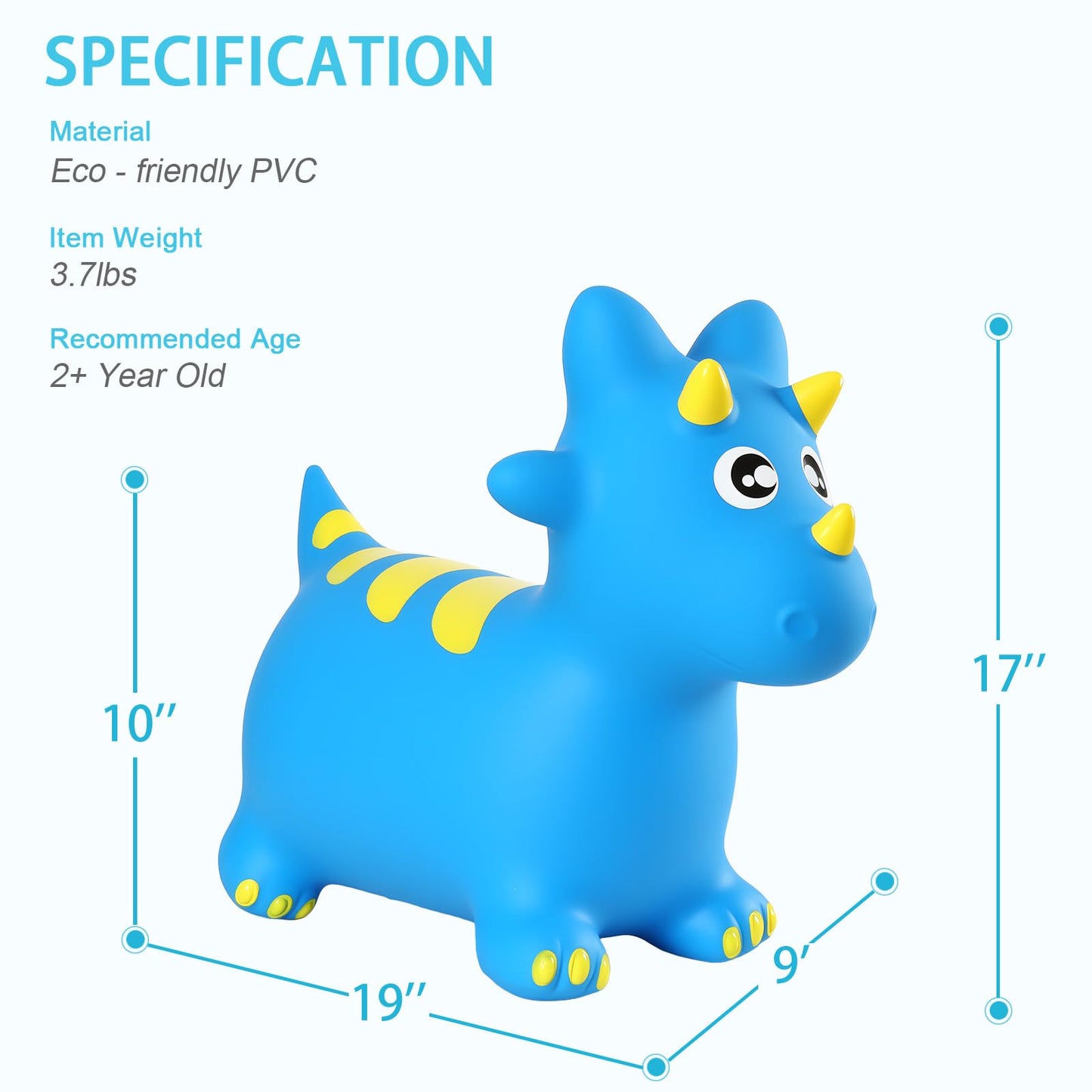 INPANY Bouncy Horse, Dinosaur Hopper Toys, Toddler Bouncing Animal, Dinosaur Party Decorations, Inflatable Ride on Rubber Triceratops Bouncer, Outdoor Cool Birthday Gift for 2 3 4 Yr Boy Girl Blue