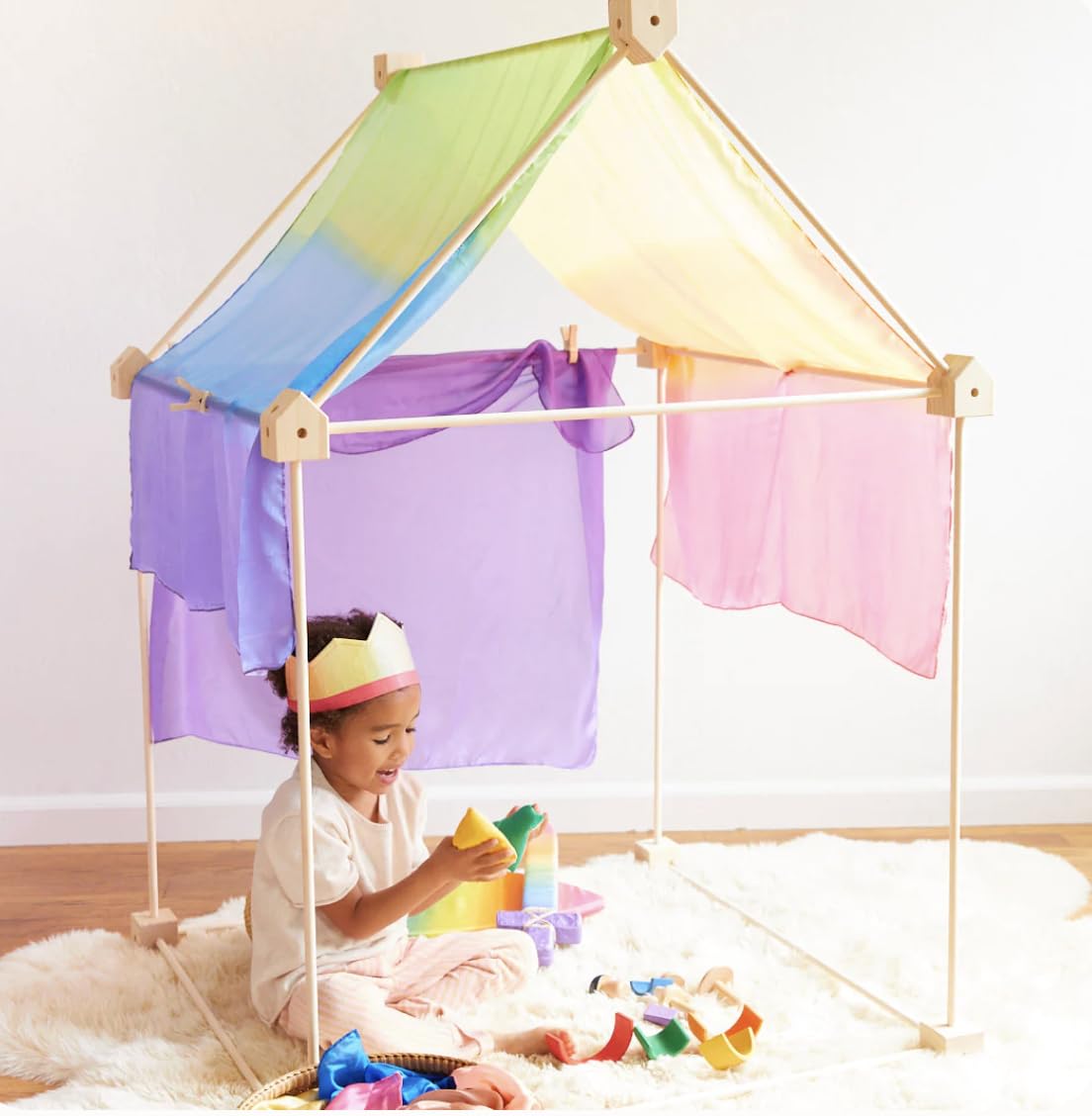 Sarah's Silks Wooden Playfort for Children | Natural Wood Indoor & Outdoor Playfort with Open Frame Design | Montessori Inspired Imaginative Play Tent (Natural Wood)