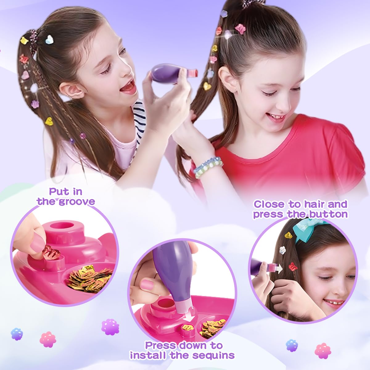 Bling Hair Gem Stamper Kit for Girls, Easy Hair Bedazzler with Reusable Colorful Gems, Safe Hair Styling Tool Toy for Kids Age 6+ Gifts