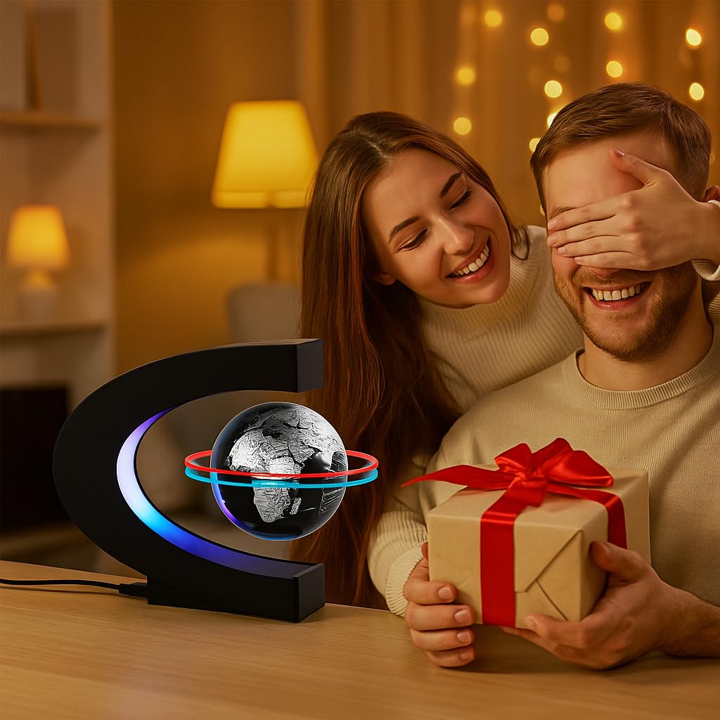Magnetic Levitation Floating Rotating World Globe with LED Light - C Shape Anti Gravity Levitating Globe for Desk Office Decor, STEM Educational Map, Unique Tech Gift for Men Kids Boss, 3.5 Inches