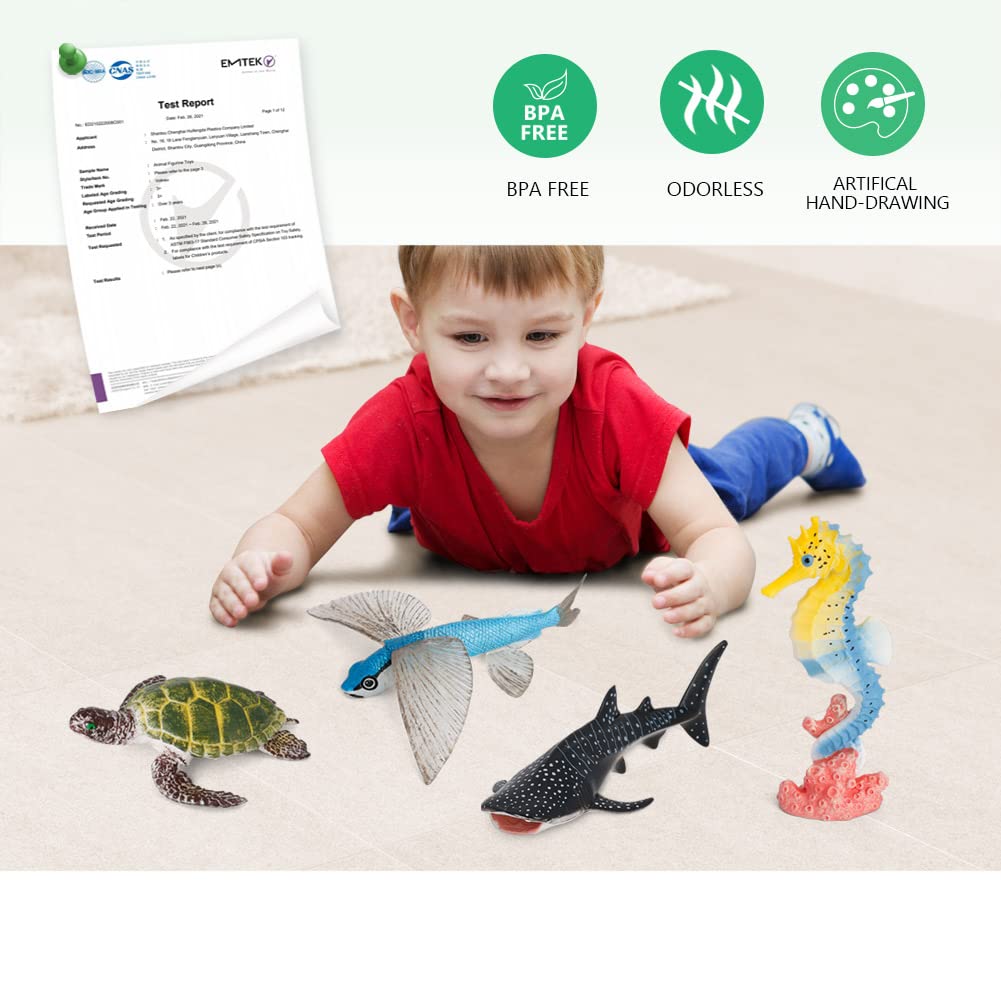 Volnau Sea Creature Toys Figures 7PCS Indian Ocean Shark Animal Figurines for Toddlers Kids Christmas Decoration Gift Plastic Fish Preschool Pack and Bath Set