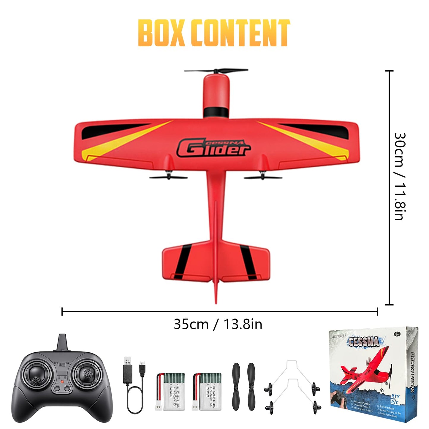 HAWK'S WORK 2 CH RC Airplane, RC Plane Ready to Fly, 2.4GHz Remote Control Airplane, Easy to Fly RC Glider for Kids & Beginners (Red)
