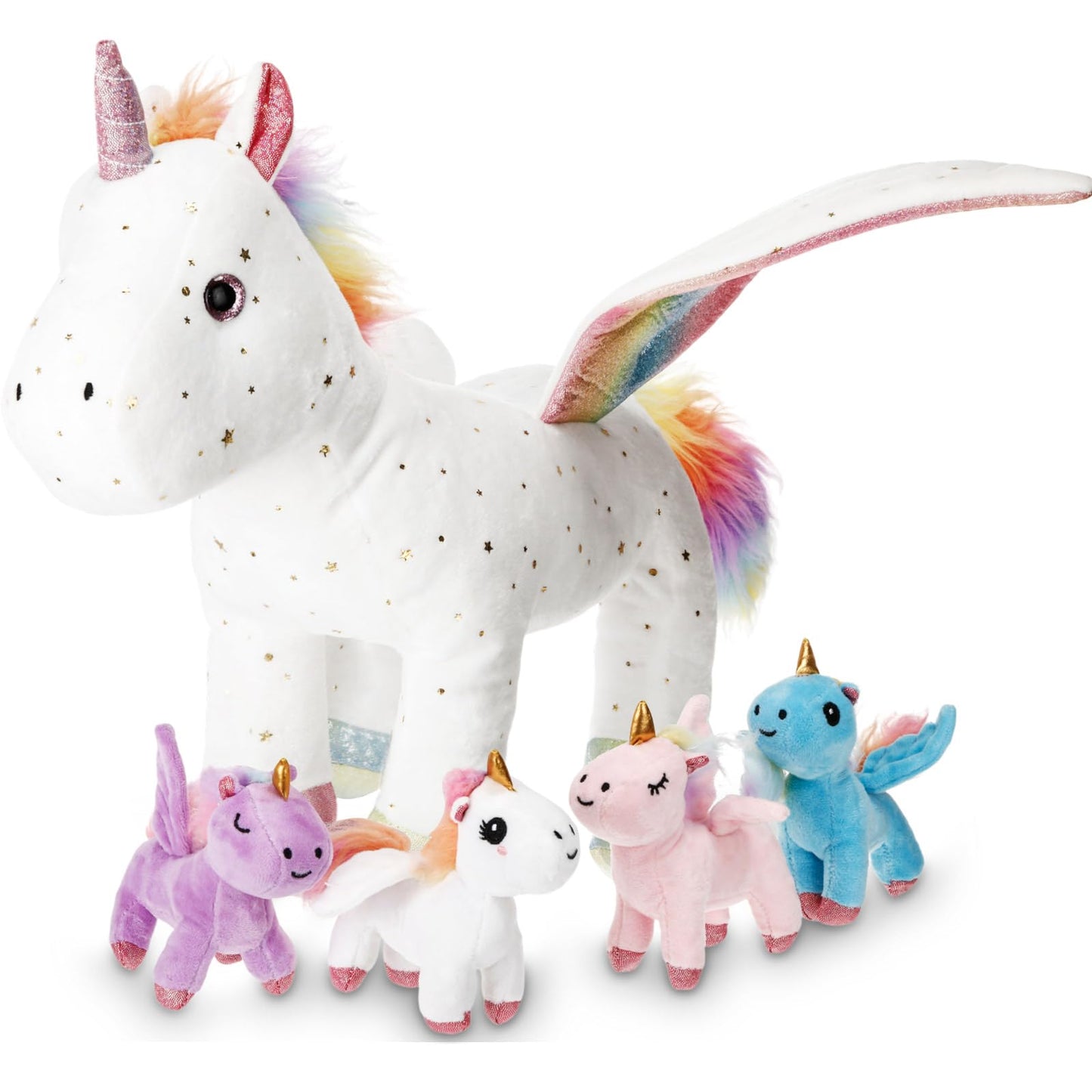 Hollowfly 5 Pcs Fly Unicorns Plush Toy Gift Set 15.7" Mom Unicorns with 4 Cute Babies Stuffed Animal in Zippered Back Nurturing Plushies Toy Set for Kid Adults Birthday Party Favors Gifts