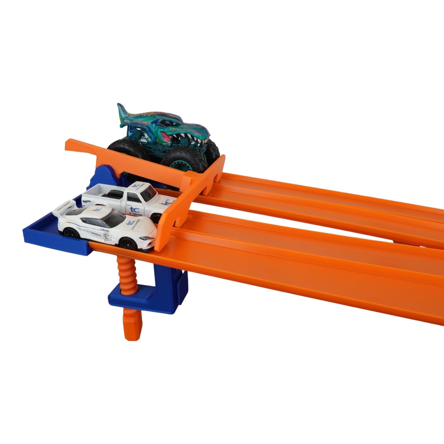 Monster Truck Track Clamp with 4 Lane Start Gate (Track NOT Included) | Compatible with Hot Wheels Track (Blue/Orange) | Eco-Friendly PLA | Made in USA | Monster Truck Track Accessory