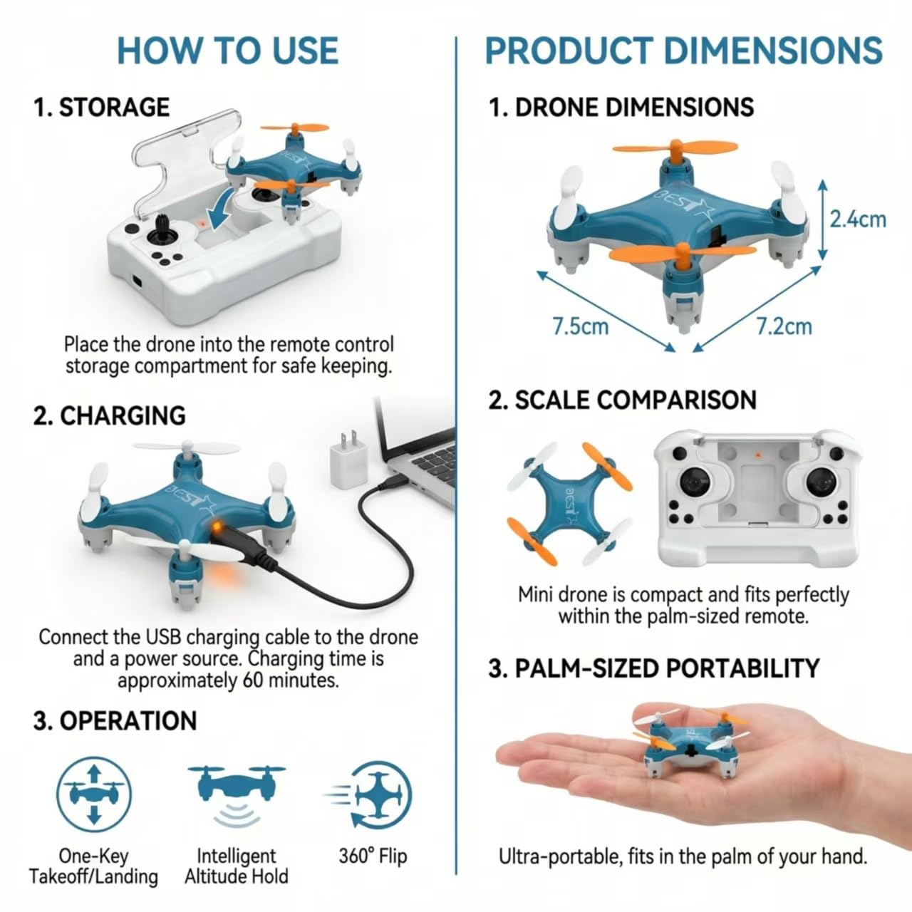 Mini Drone for Kids, Indoor Portable Nano Quadcopter with Altitude Hold, LED Lights, 3D Flips, Easy to Fly Toy Gift for Boys Girls (blue-No camera)