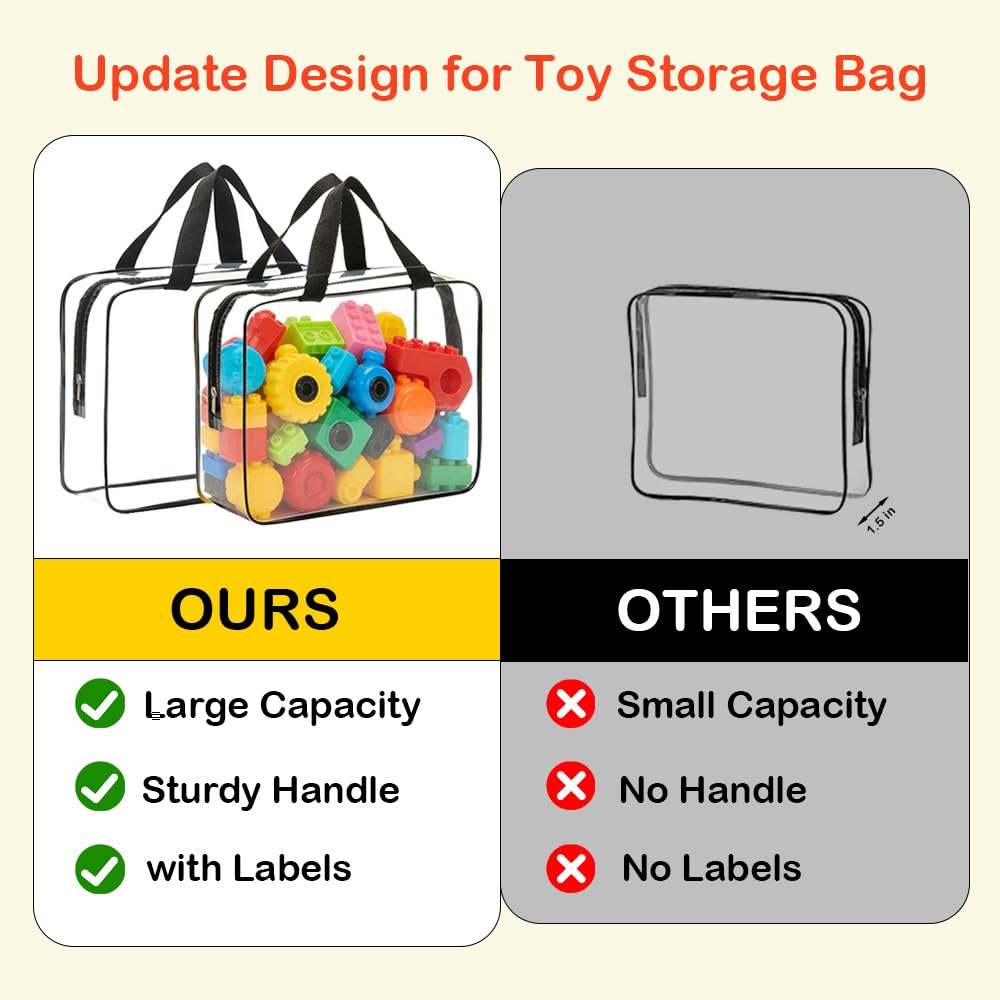 20 Packs Extra Large Toy Storage Bags Bulk with Zipper, Reusable Clear PVC Toy Organizer Bag with Labels for Blocks, 11.8″×8.6″×3.9″ Travel Waterproof Organizer Bags for Puzzles Clear Black