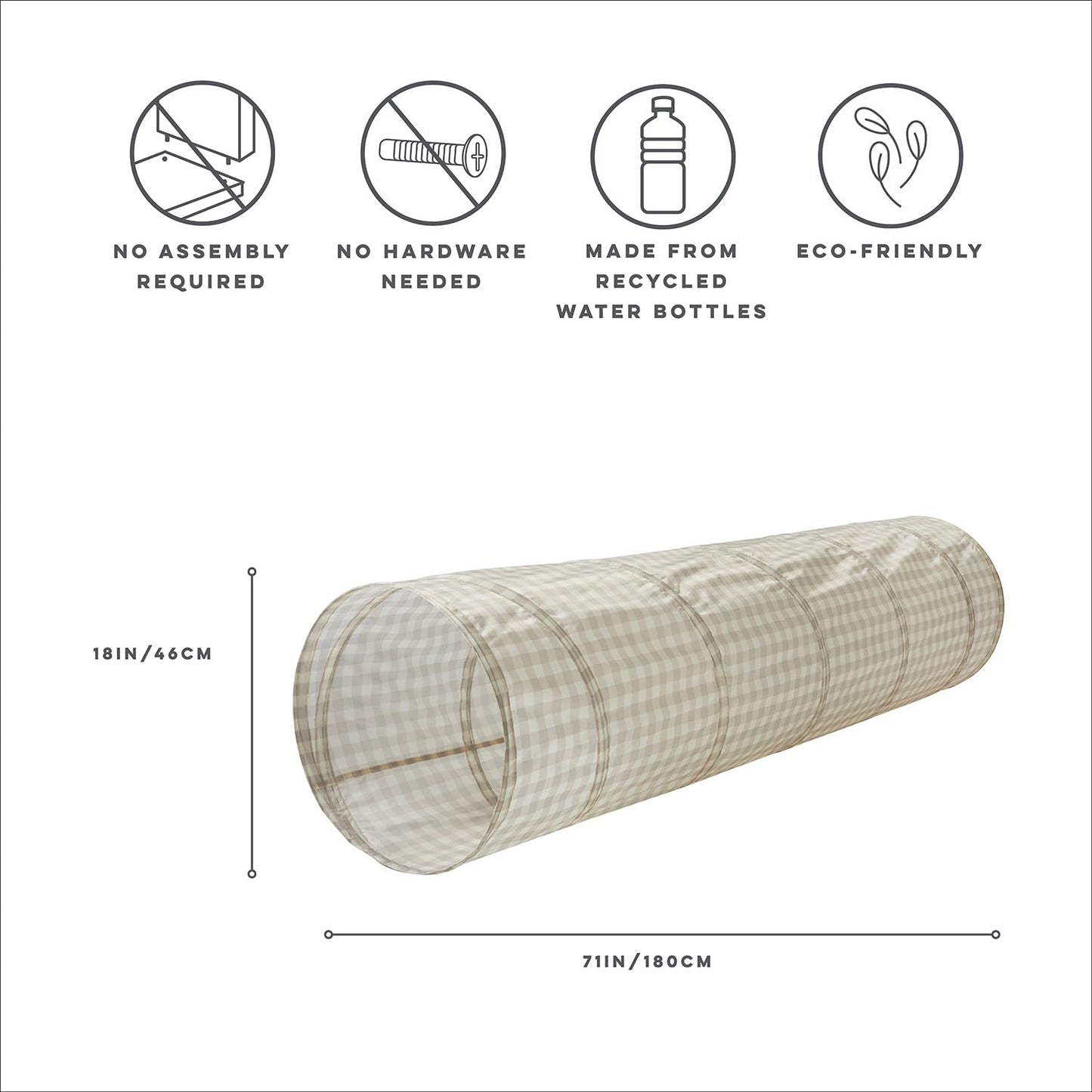 3 Sprouts Kids Play Tunnel - Pop Up Collapsible Tunnels with Recycled Fabric - Fun Crawling Tunnel for Toddler, Baby, Children to Crawl Through, Gross Motor Toy for Indoor Play - Gingham Beige