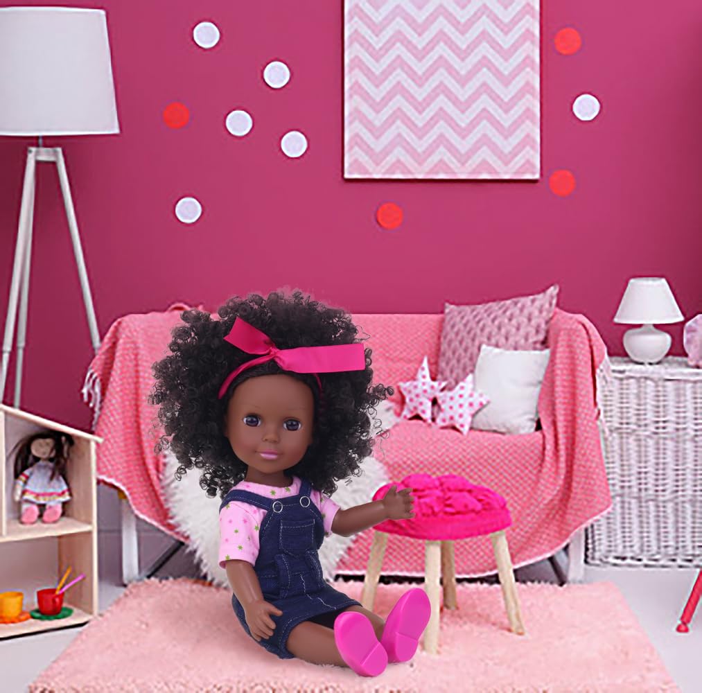 Ecore Fun 14.5" African Baby Girl Doll with Clothes Set - Washable Realistic Silicone Toy - Best Gift for Kids