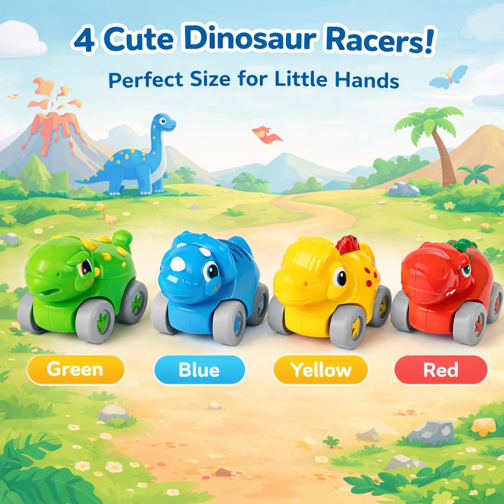 Dinosaur Car Ramp Toy for Toddlers 1-3, Drop & Go Ramp Racer with 4 Mini Cars, Educational Toy for 1 2 Year Old Boys Girls, First Birthday Gift