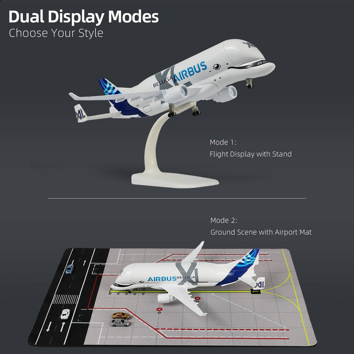QIYUMOKE 1/300 Compatible for Beluga XL Airplane Model with Rubber Airport Mat and 5 Cars, Airbus A330 Diecast Metal Airplane Model Kits for Adult Display Decorations (Mat: 25×35 cm)