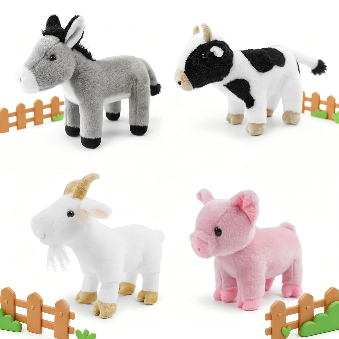 okegztoa 4 Pack 8" Plush Farm Stuffed Animals Set – Pig, Goat, Cow and Donkey, Ultra Soft Washable Toys for Kids, Adorable Farmhouse Nursery Decor for Toddlers