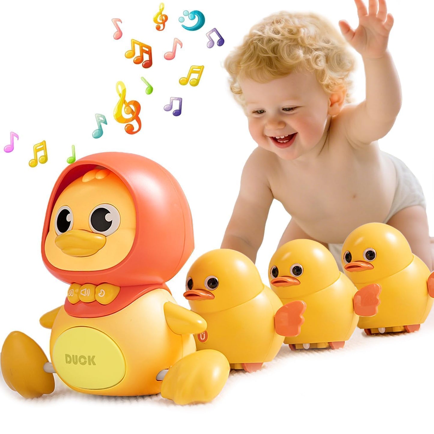 JUYEE Baby Crawling Toys Set of 4 - Magnetic Ducks Family for Infants 6-9-12 Months, Tummy Time Toys with Music & Lights, 1st Birthday Gift for Boys and Girls(4-Pack)