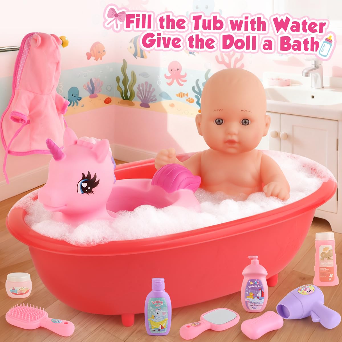 Baby Doll Bath Toys Set with Bathtub, 11" Baby Dolls, Rocking Chair,Swimming Ring, 2 Sets Baby Dolls Clothes and 15 PCS Doll Accessories.Perfect Pretend Play Toddler Toy Gift for Girls Aged 3 4 5 6.