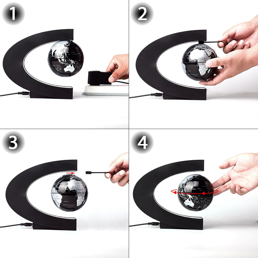 Magnetic Levitation Floating Rotating World Globe with LED Light - C Shape Anti Gravity Levitating Globe for Desk Office Decor, STEM Educational Map, Unique Tech Gift for Men Kids Boss, 3.5 Inches