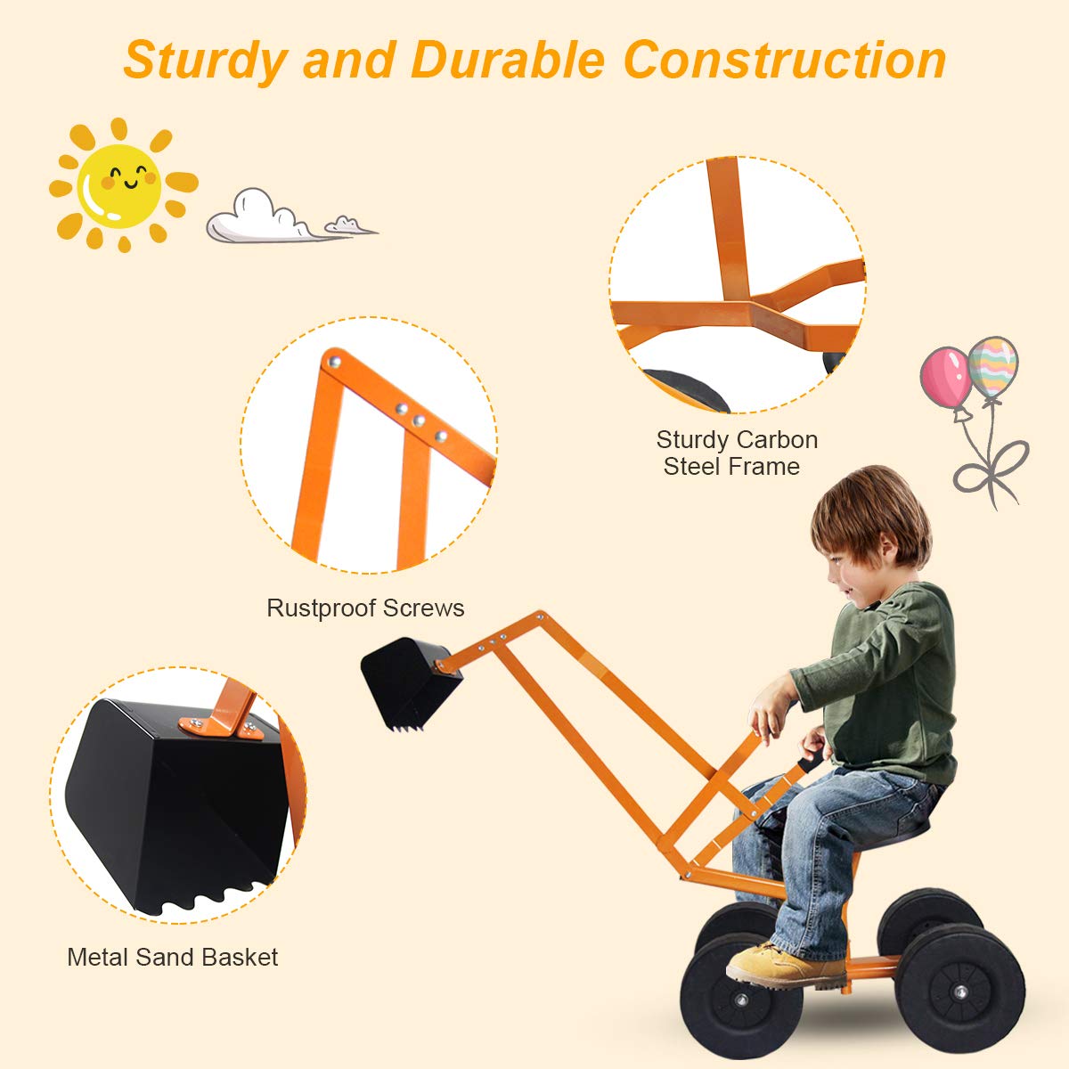 HONEY JOY Ride on Sand Digger, Metal Sit on Crane Sandbox Digger Toy with Seat & Handle, Toddlers Excavator Ride on Toy for Backyard, 4 Wheeler Kids Big Digger Backhoe for Boys Girls