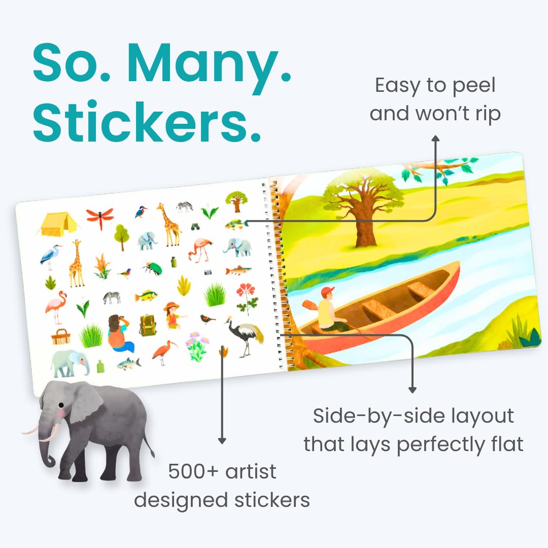 Safari Animals 500+ Kids Sticker Book by Cupkin Toddler Airplane Travel Activity Coloring and Sticker Book, Road Trip Essentials, 12 Coloring Pages 12 Scenes for Ages 2–8 Years
