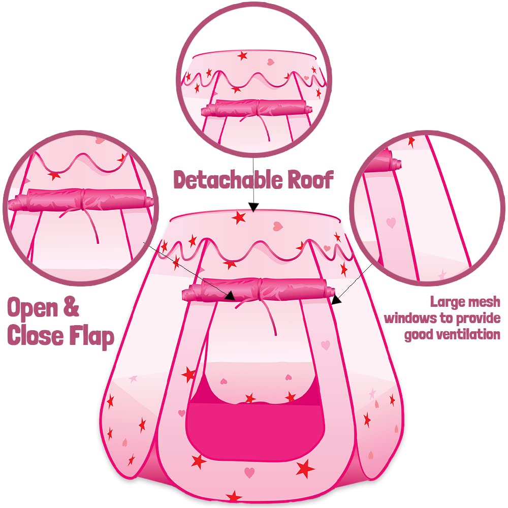ArtCreativity Pop Up Princess Tent, Kids Playhouse Tent with a Carry Bag, Foldable Pink Princess Ball Pit for Girls 1,2 3,4 Year Old Birthday, Indoor & Outdoor Play House for Kids